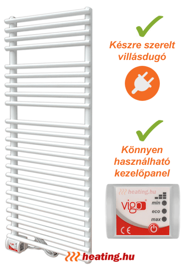 Vigo elektromos törölközőszárító radiátor villásdugóval és elektronikus teljesítmény vezérlővel.