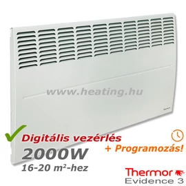 2000 W teljesítményű, digitális vezérlésű Thermor Evidence 3 HD elektromos radiátor elölről.  2000 W teljesítményű, digitális vezérlésű Thermor Evidence 3 HD elektromos radiátor elölről.