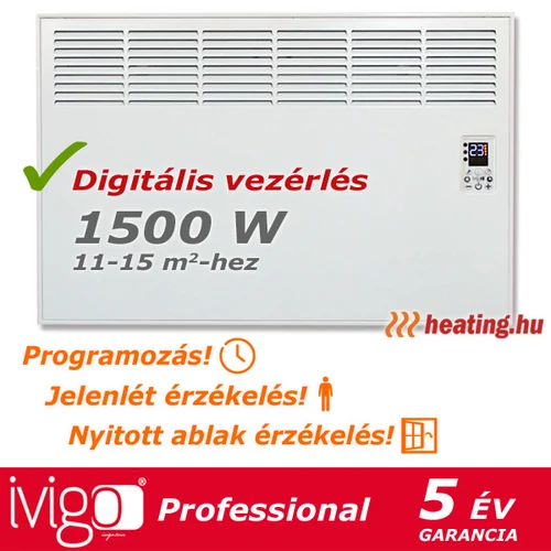 1500 W-os Ivigo Professional elektromos konvektor, programozással.