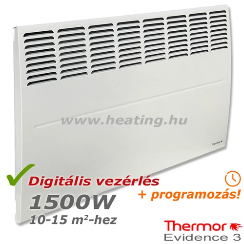 Thermor Evidence 3 HD 1500 W teljesítményű programozható elektromos radiátor elölről.