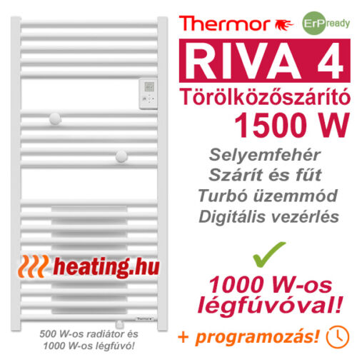 Riva 4 elektromos törölközőszárító 500 W-os radiátorral és 1000 W-os légfúvóval.