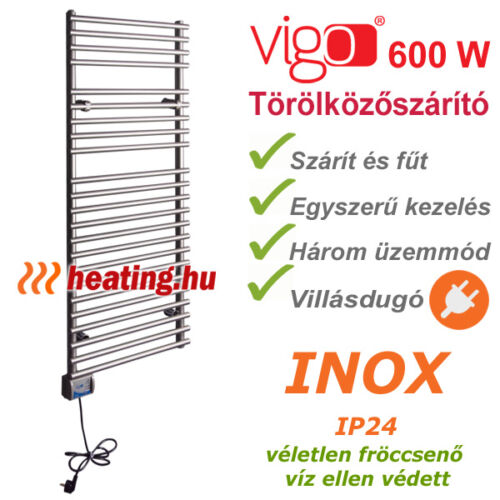 Vigo rozsdamentes acél elektromos törölközőszárító 600 W teljesítménnyel, villásdugóval és három fokozattal.